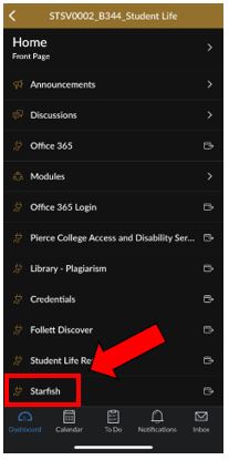 screenshot of office of student life canvas course on a mobile browser with arrow pointing to starfish link
