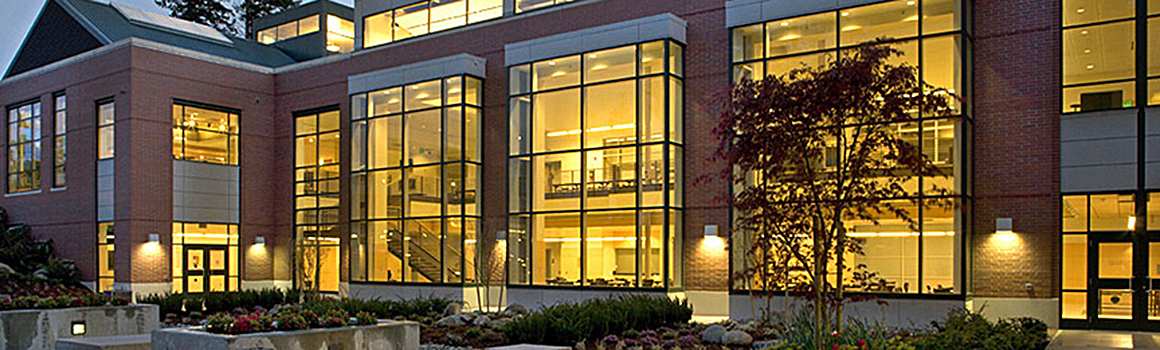 evening view of college center building on puyallup campus
