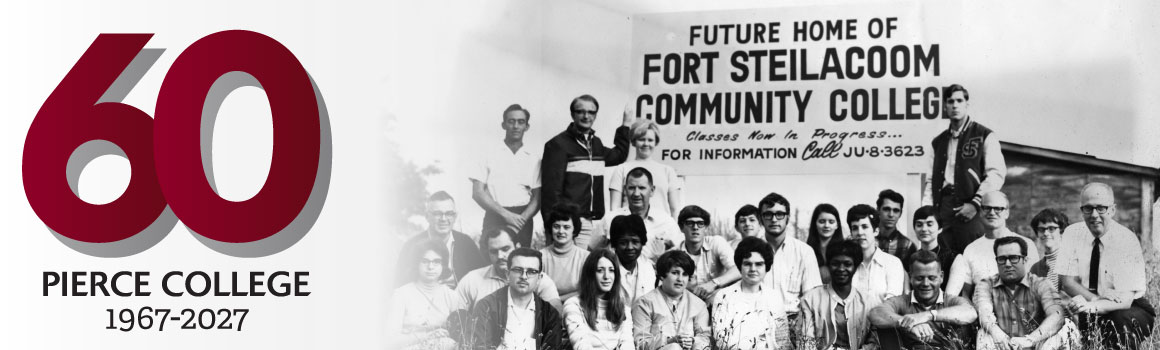 60th anniversary logo and group of students holding commemorative sign at groundbreaking of fort steilacoom campus in 1974