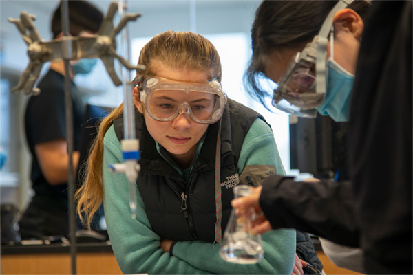 Students wearing safety goggles and masks conducting a chemistry experiment in a lab