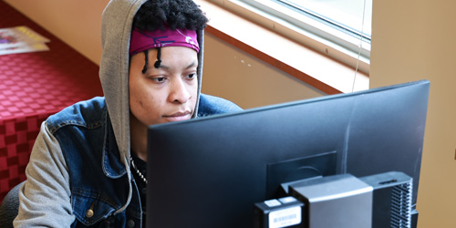student browsing online using desktop computer