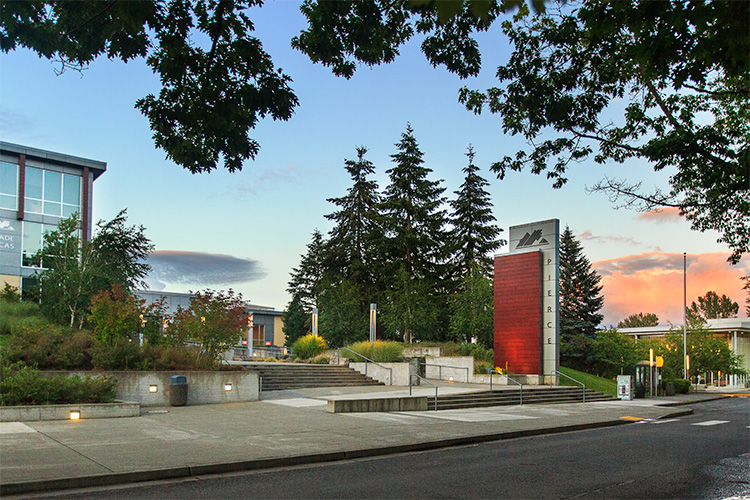 exterior of pierce college fort steilacoom at sunset