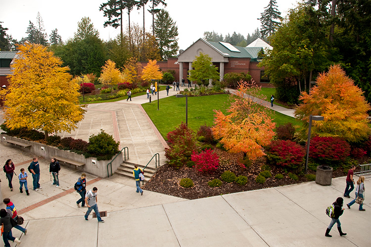 exterior of pierce college puyallup with students walking