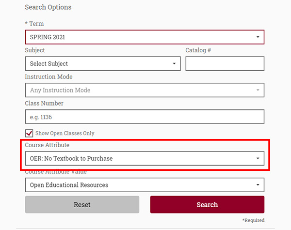 screenshot of college catalog with oer: no textbook to purchase selected as course attribute