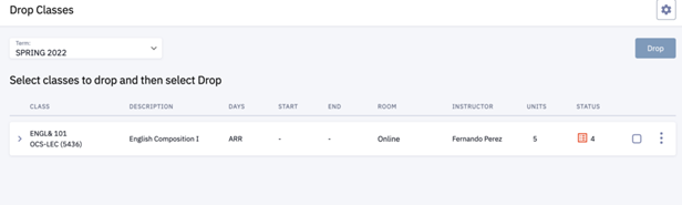 screenshot of drop classes screen