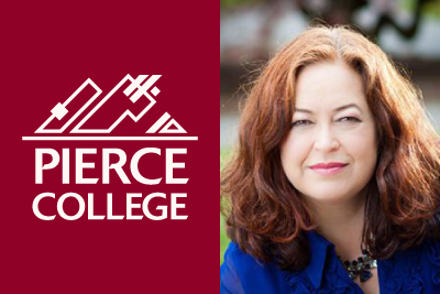Headshot of Liz Jamieson alongside the Pierce College logo