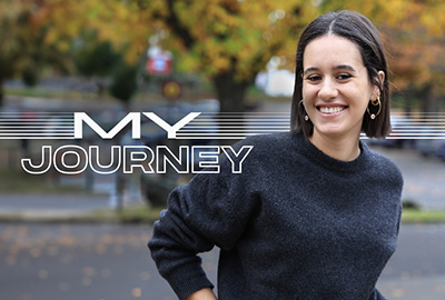 Photo of Yael Hensen Anaya outside on Pierce College campus. Text accompanies that reads “My Journey”