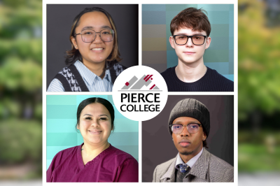 four portraits of individual students surrounding the pierce college logo