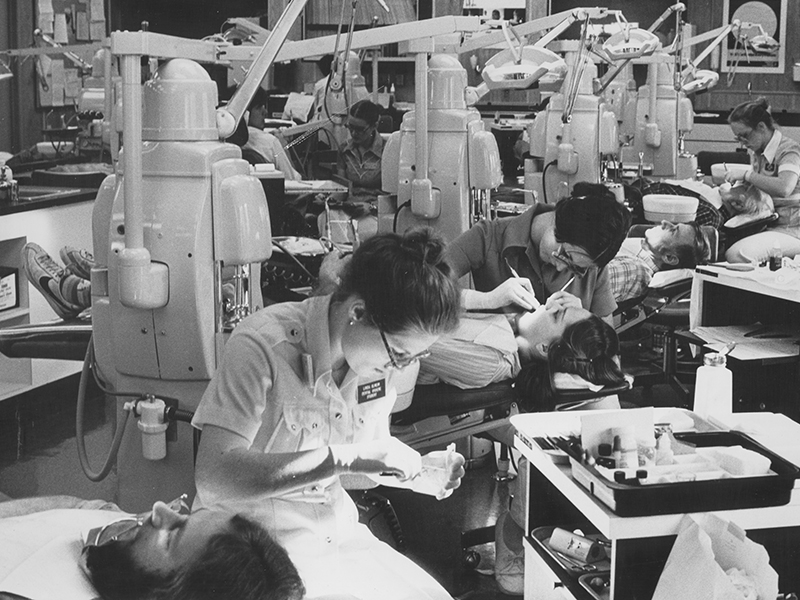 dental hygiene students practicing procedures in the 1970s 
