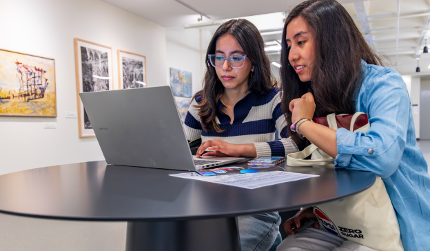 students working together on laptop in art gallery
