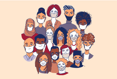 Illustration of people wearing face coverings