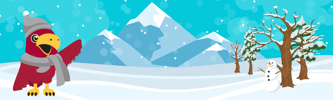 illustration of snowman and raider bird in a snowy mountain scene