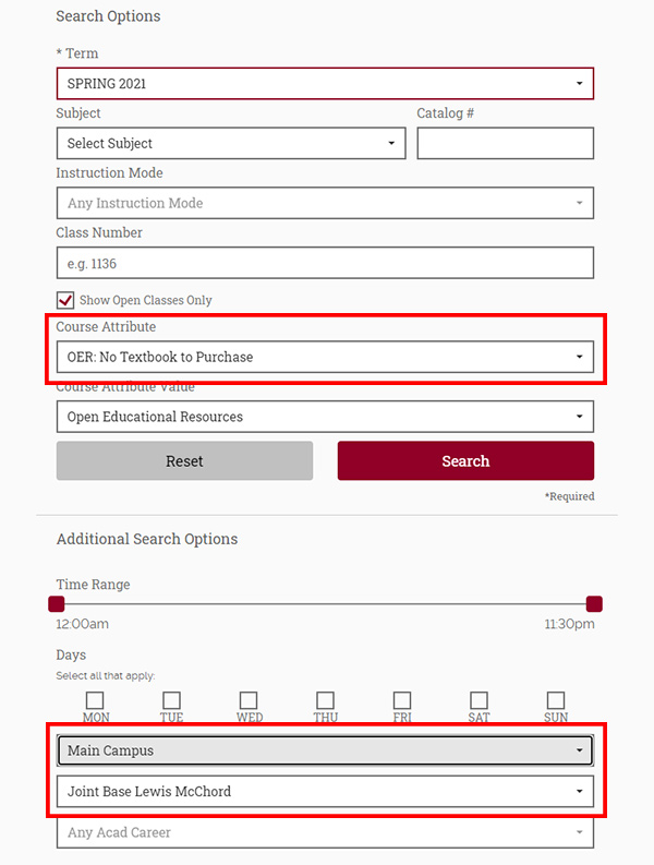 screenshot of course selection screen in ctcLink eschedule