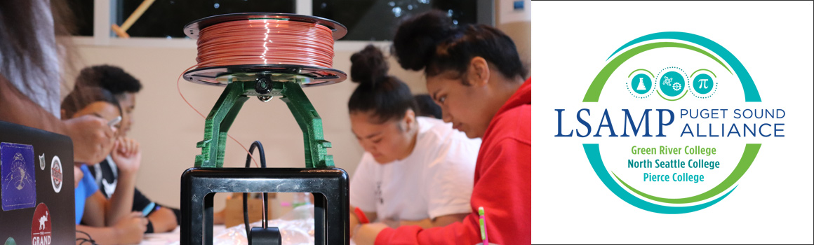 LSAMP logo and students working alongside 3d printer