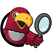 raiderbird mascot holding a magnifying glass