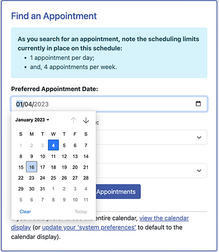 step 2 - user selecting preferred appointment date from calendar