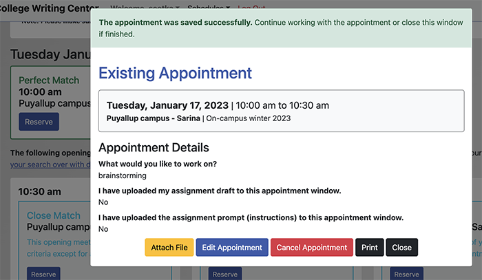 step 5 - appointment has been made and existing appointment window is displayed