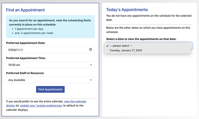 step 6 - user selects upcoming appointment from dropdown on scheduling homepage
