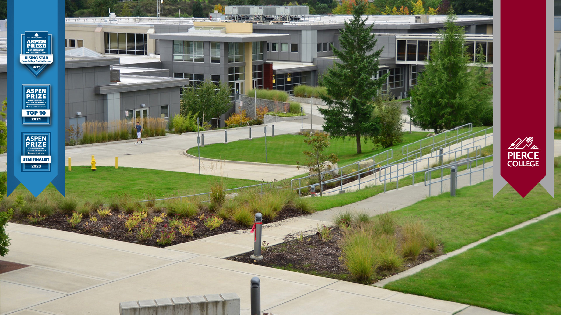 outdoors at fort steilacoom campus with pierce college and aspen institute logos