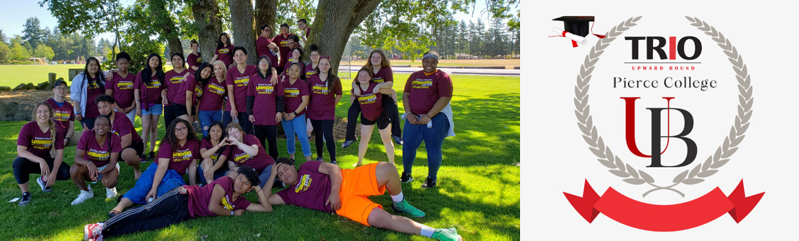 group of upward bound students posing outside and trio upward bound logo