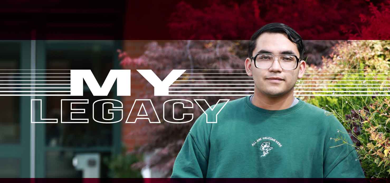 student standing outside of library building with text my legacy