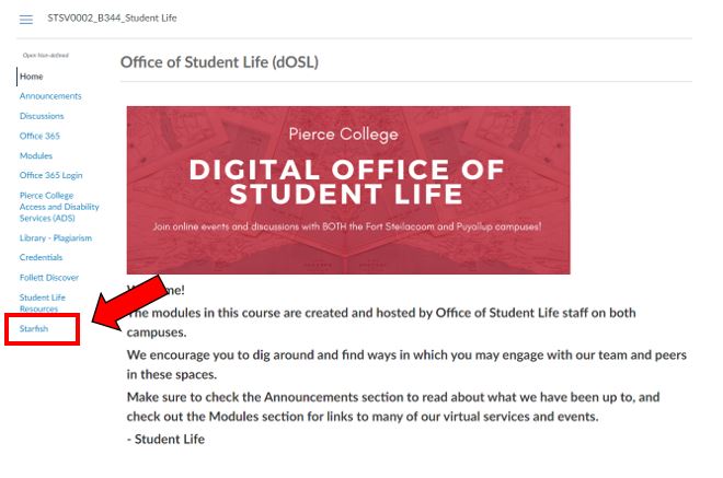 screenshot of office of student life canvas course on a desktop browser with arrow pointing to starfish link