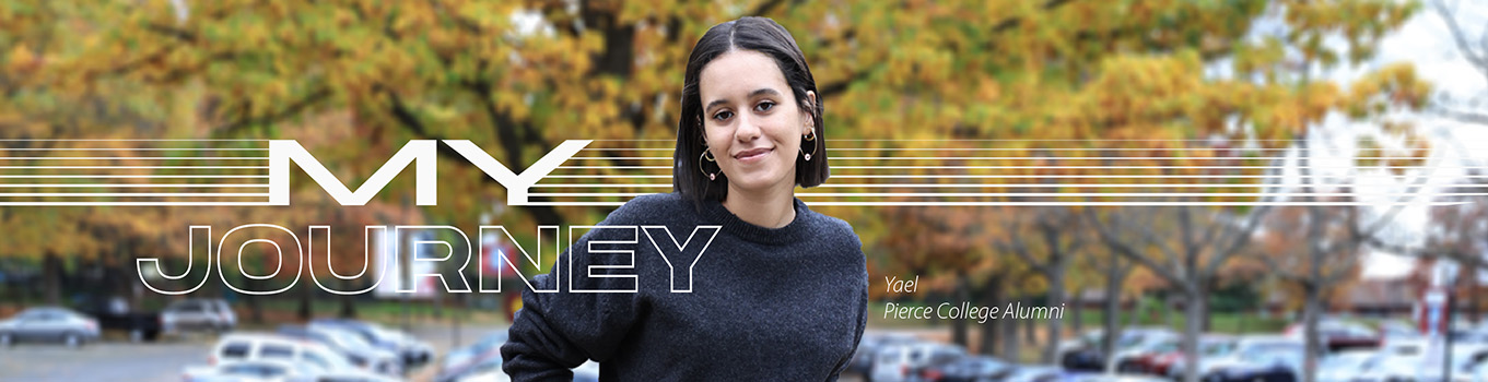 pierce college student in parking lot during fall with text my journey