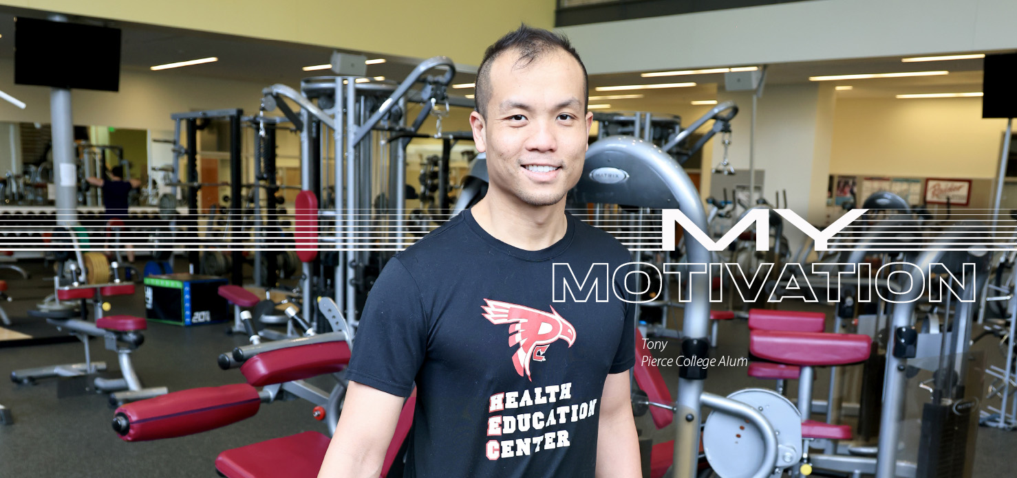 student in front of workout equipment with text my motivation