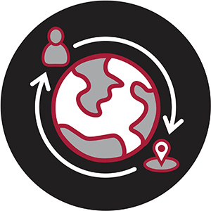 an icon of a person and an icon of a map location circle around the globe