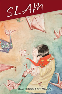 illustration of child covering face while surrounded by paper cranes