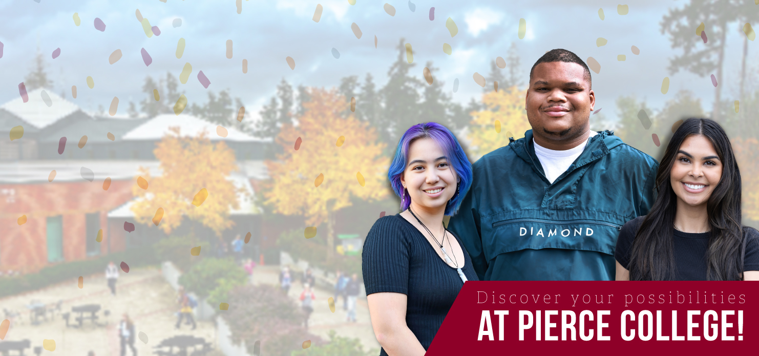 three smiling students with text 'discover your possibilities at pierce college!'