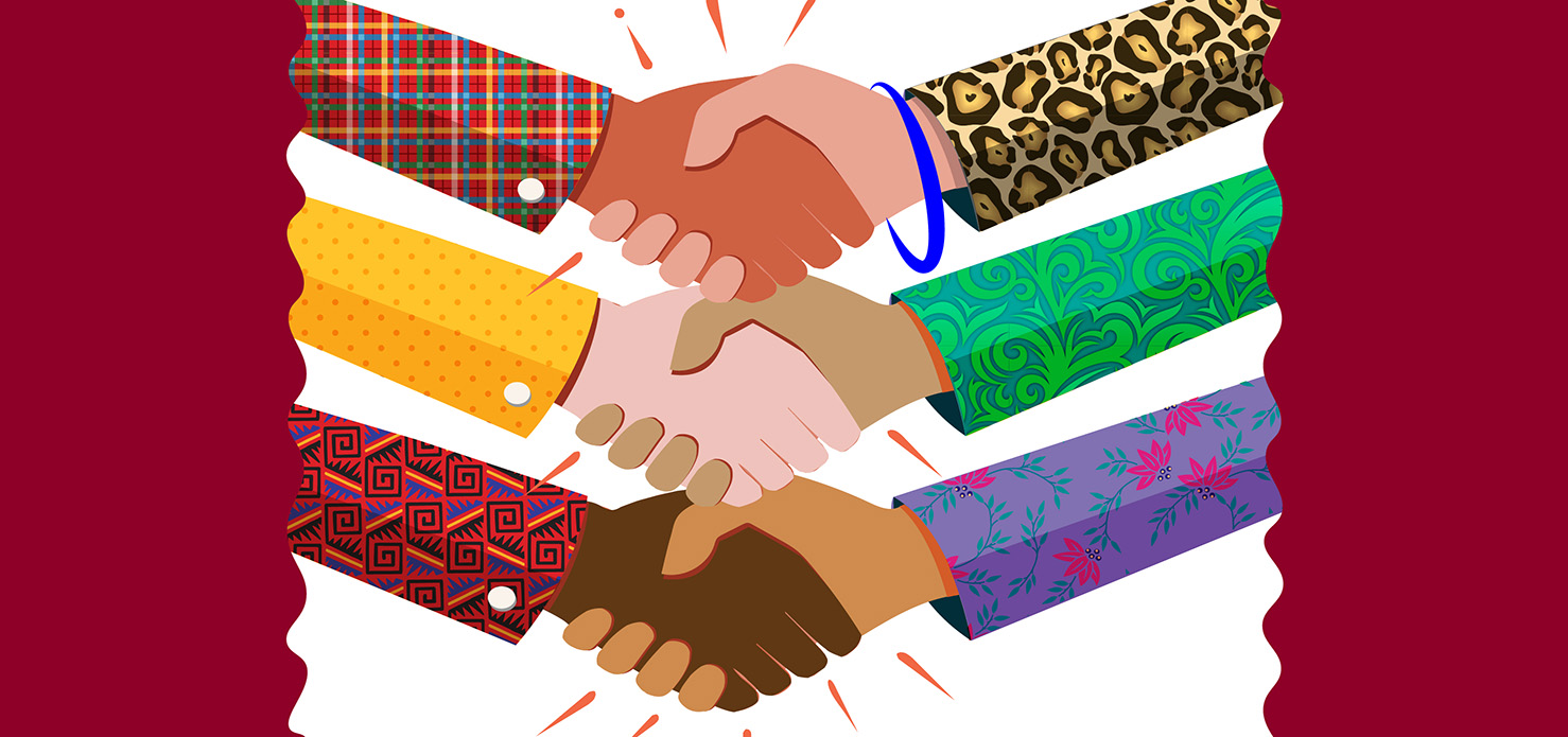 three pairs of hands wearing patterned shirts shaking hands