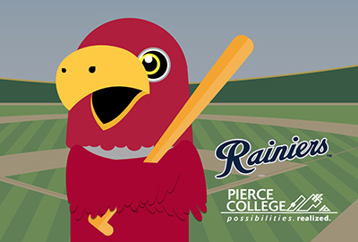 Raider Bird with baseball bat and Pierce College and Tacoma Rainiers logos