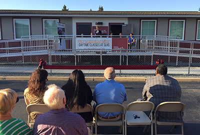 Chancellor Michele Johnson speaking to the crowd at Pierce College at Spanaway ribbon cutting ceremony
