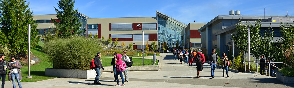 Students gathering in front of the North Entrance of the Cascade Building