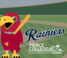 illustration of the red pierce college raider bird standing in a baseball field holding a bat, with the rainiers and pierce college logos illustration of the red pierce college raider bird standing in a baseball field holding a bat, with the rainiers and pierce college logos