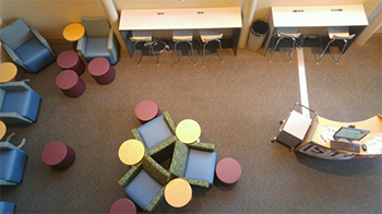 aerial view of makerspace lounge with tables and chairs aerial view of makerspace lounge with tables and chairs