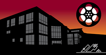 evening of films illustration of pierce college cascade building at night and film reel