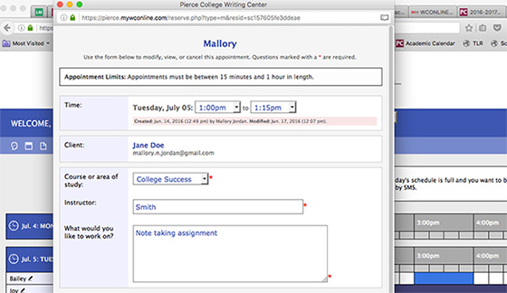 Writing Center Booking Online screen Writing Center Booking Online screen